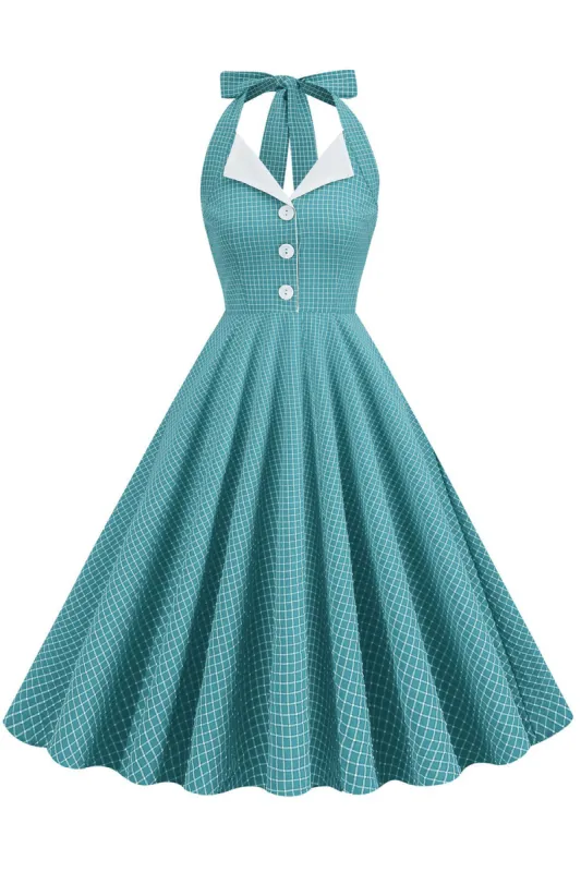 Retro Style Halter Neck Green 1950s Dress with Button sold by Zapaka