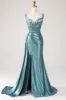 Blue Mermaid V-Neck Satin Long Appliques Sequin Prom Dress With Slit sold by Zapaka