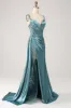 Blue Mermaid V-Neck Satin Long Appliques Sequin Prom Dress With Slit sold by Zapaka