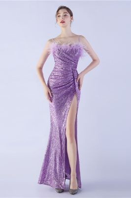 Lilac Spaghetti Straps Sheath Sequin Formal Dress With Feather sold by Zapaka