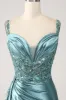 Blue Mermaid V-Neck Satin Long Appliques Sequin Prom Dress With Slit sold by Zapaka