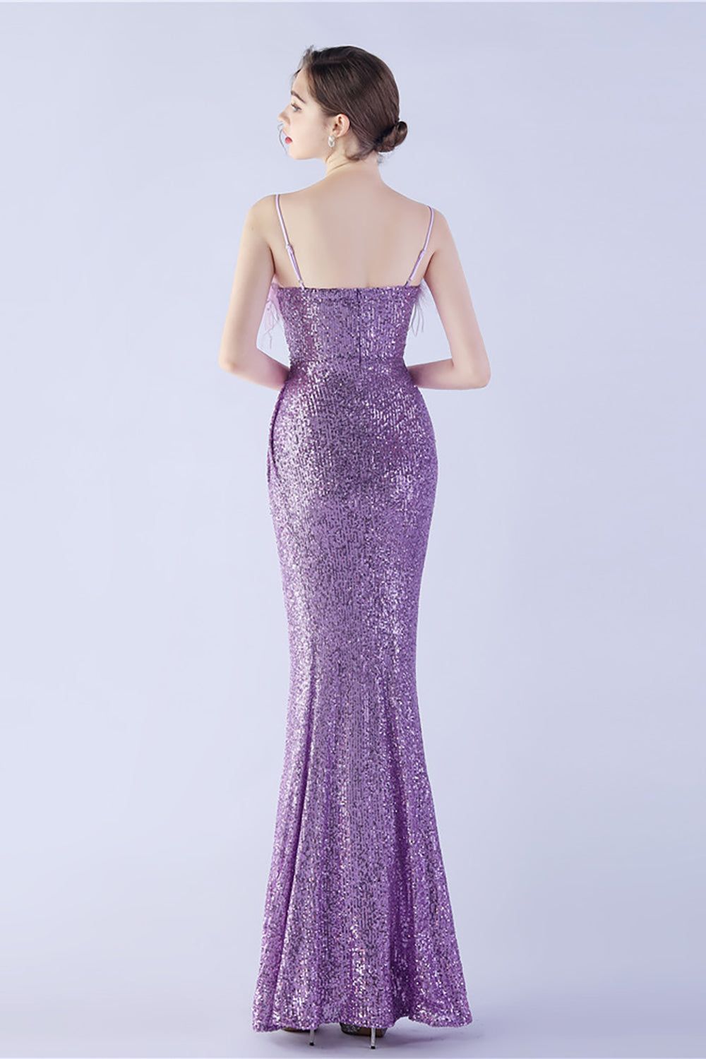 Lilac Spaghetti Straps Sheath Sequin Formal Dress With Feather sold by Zapaka product image thumbnail 2