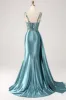 Blue Mermaid V-Neck Satin Long Appliques Sequin Prom Dress With Slit sold by Zapaka