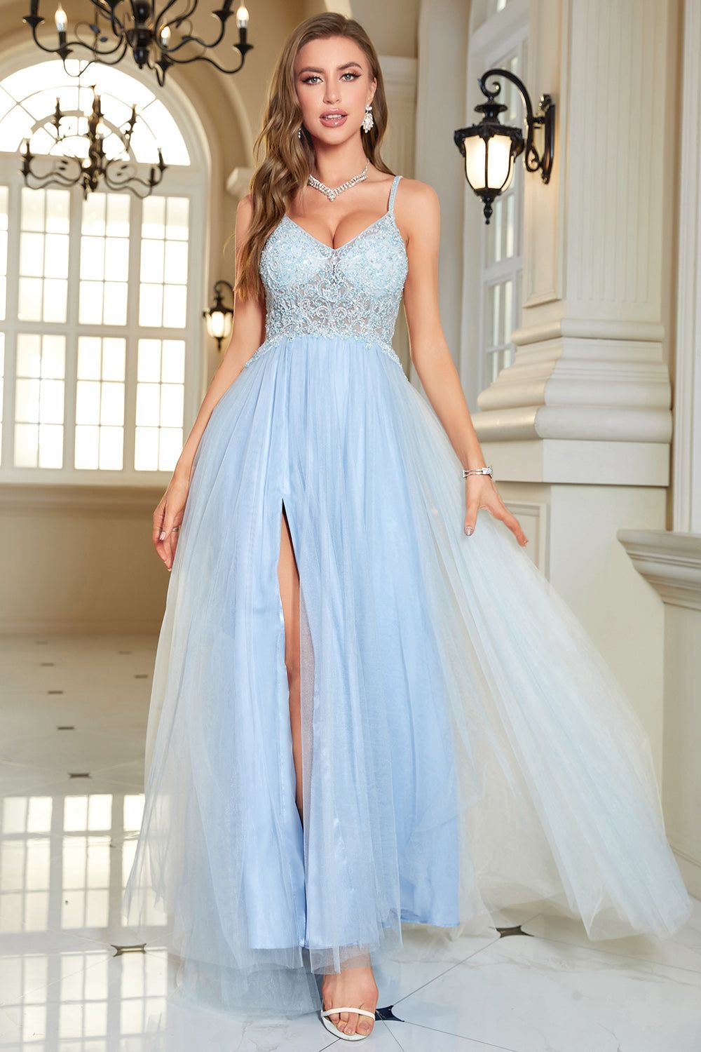 Light Blue A-Line Corset Long Backless Prom Dress sold by Zapaka product image thumbnail 5