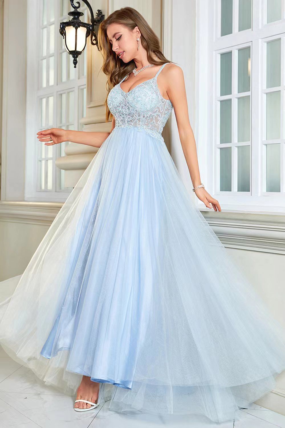 Light Blue A-Line Corset Long Backless Prom Dress sold by Zapaka product image thumbnail 3