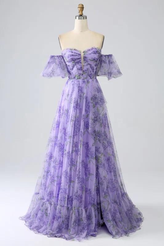 Printed Lavender Off the Shoulder A line Prom Dress with Removable Sleeves sold by Zapaka