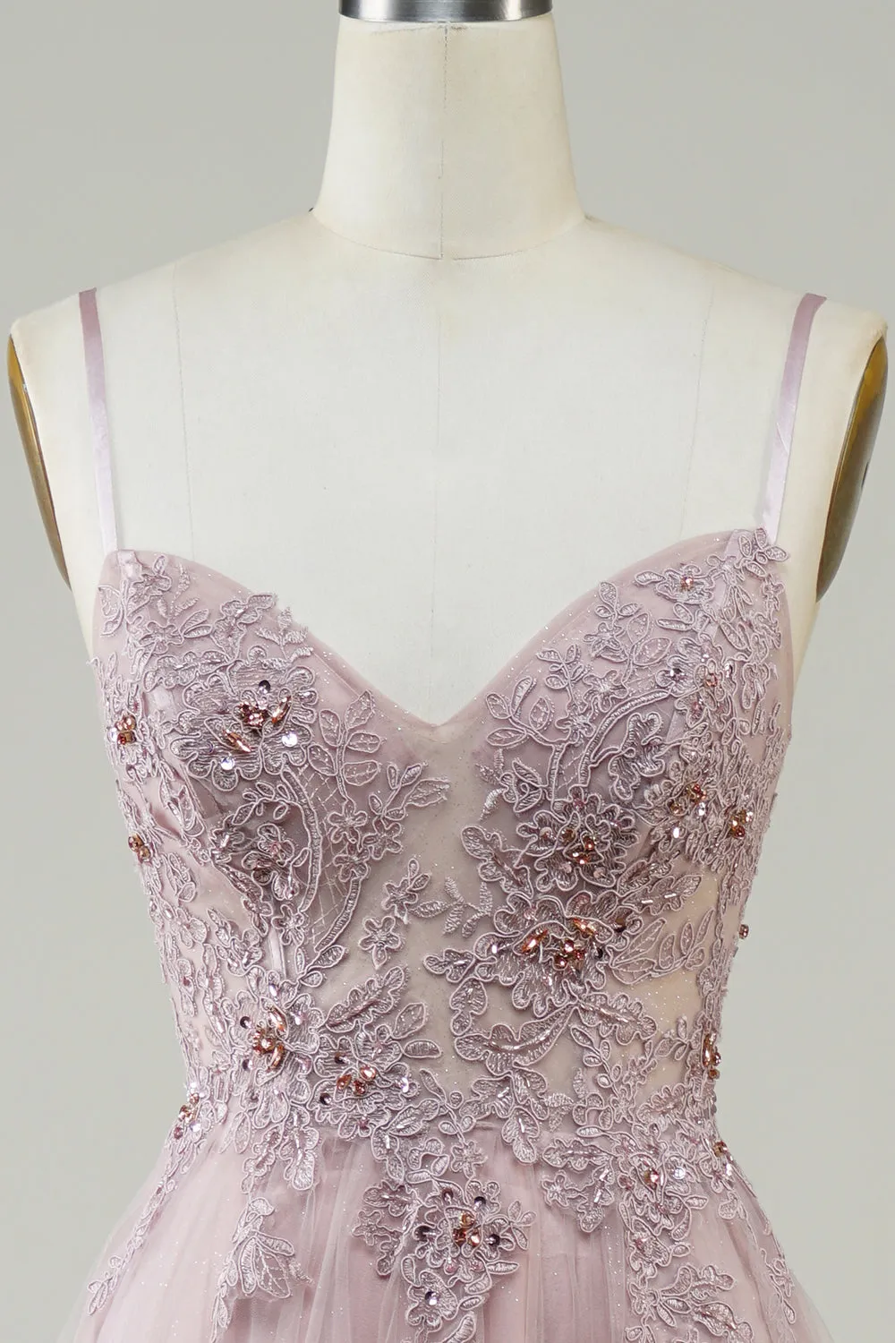 Sparkly Blush A-Line Tulle Long Prom Dress with Lace sold by Zapaka product image thumbnail 4