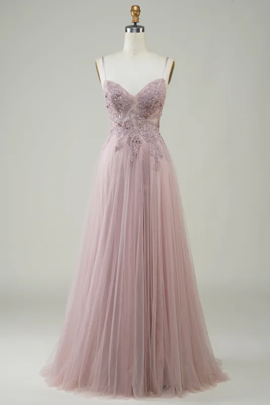 Sparkly Blush A-Line Tulle Long Prom Dress with Lace sold by Zapaka