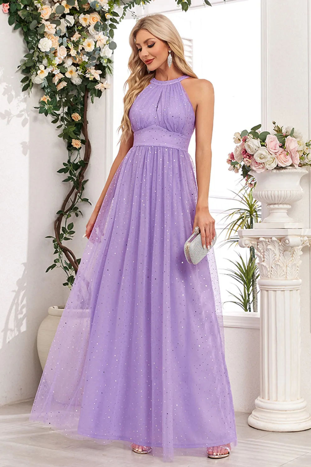 Sparkly Purple A Line Halter Long Prom Dress sold by Zapaka product image thumbnail 3