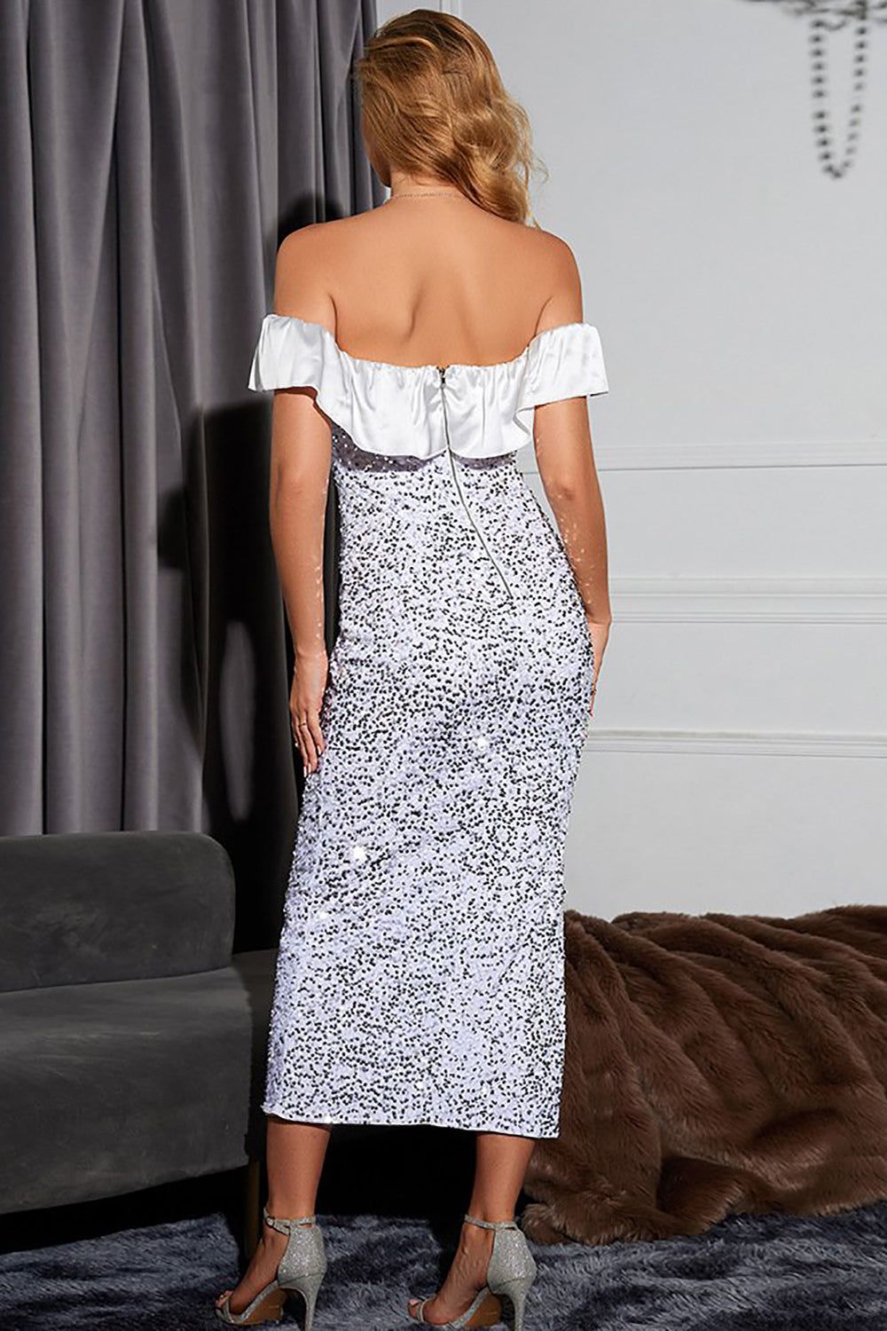 Black Off the Shoulder Sequins Prom Dress with Slit sold by Zapaka product image thumbnail 9