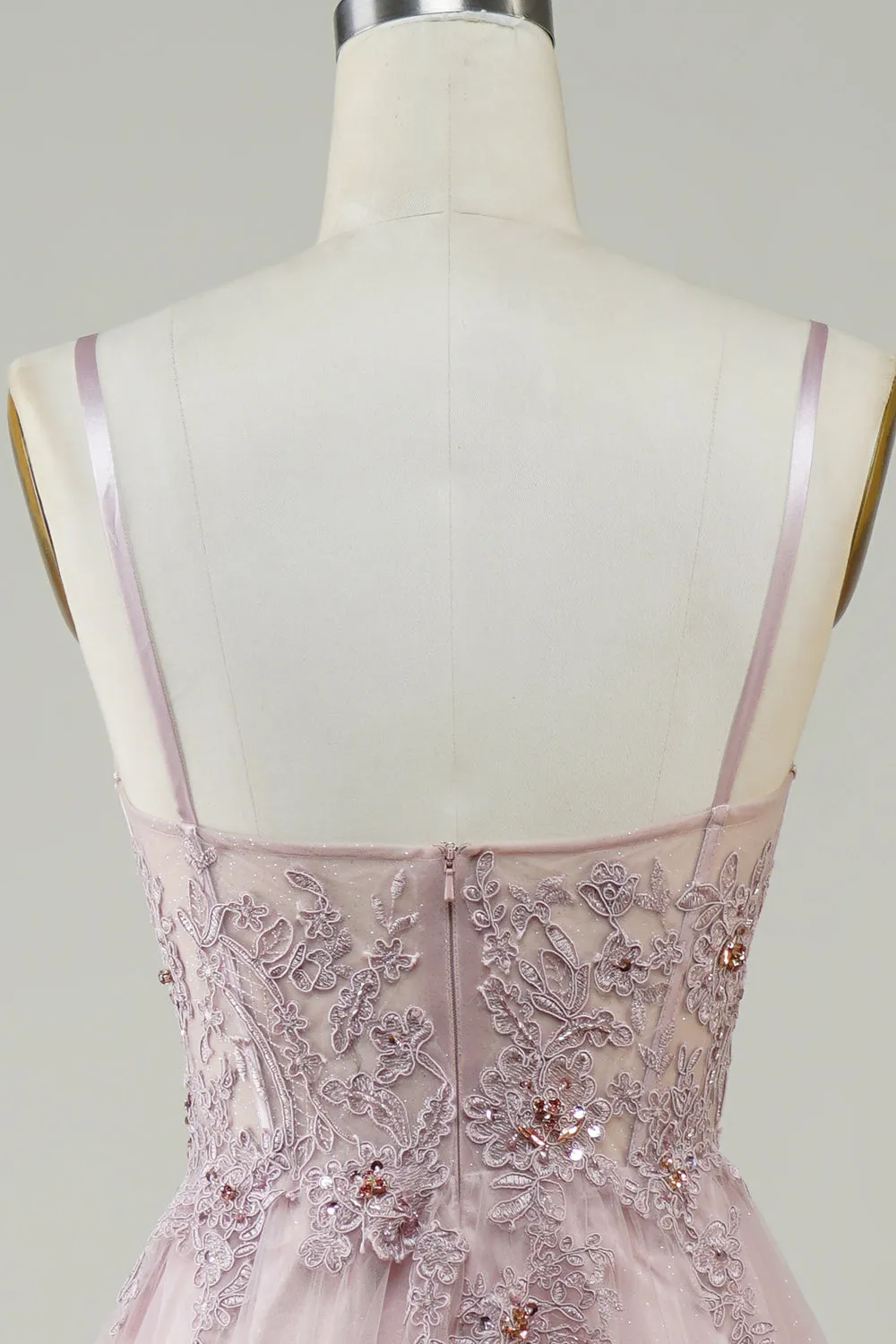Sparkly Blush A-Line Tulle Long Prom Dress with Lace sold by Zapaka product image thumbnail 5