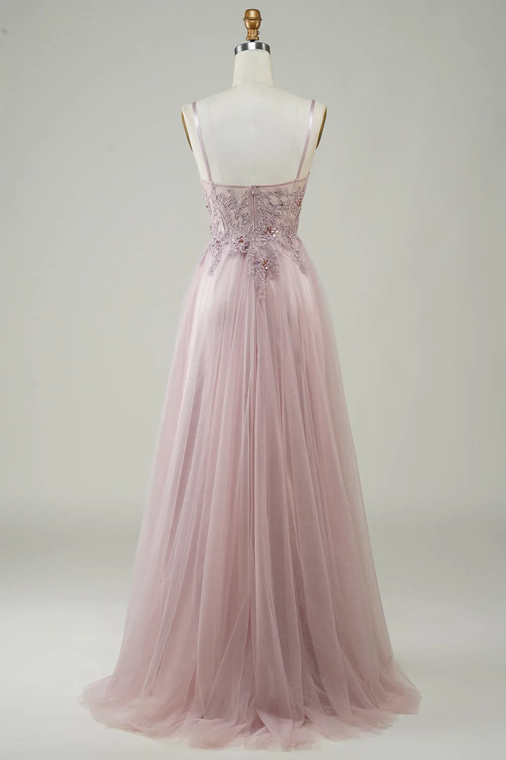 Sparkly Blush A-Line Tulle Long Prom Dress with Lace sold by Zapaka product image thumbnail 2
