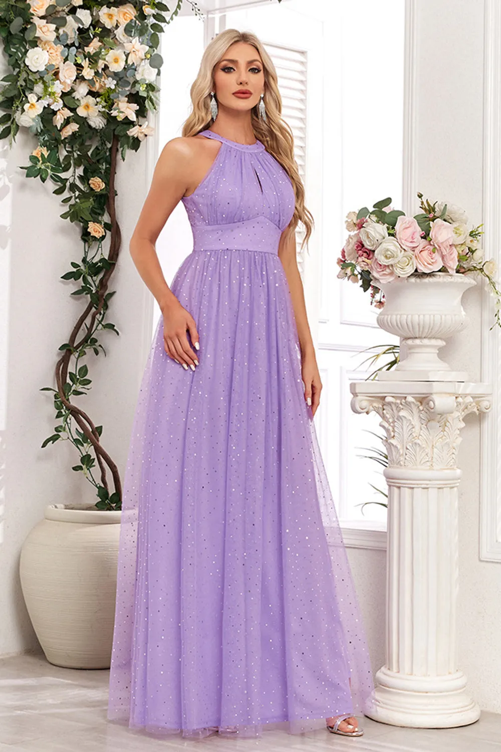 Sparkly Purple A Line Halter Long Prom Dress sold by Zapaka product image thumbnail 4