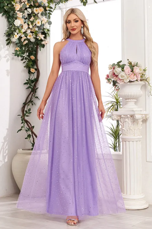 Sparkly Purple A Line Halter Long Prom Dress sold by Zapaka
