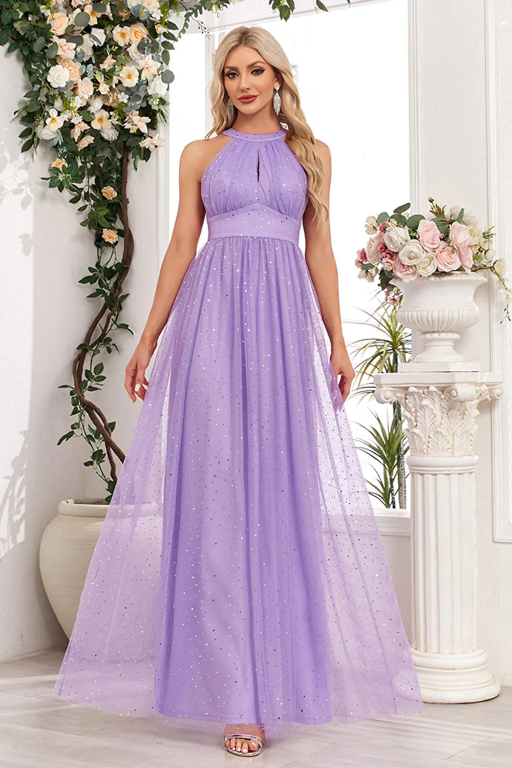Sparkly Purple A Line Halter Long Prom Dress sold by Zapaka