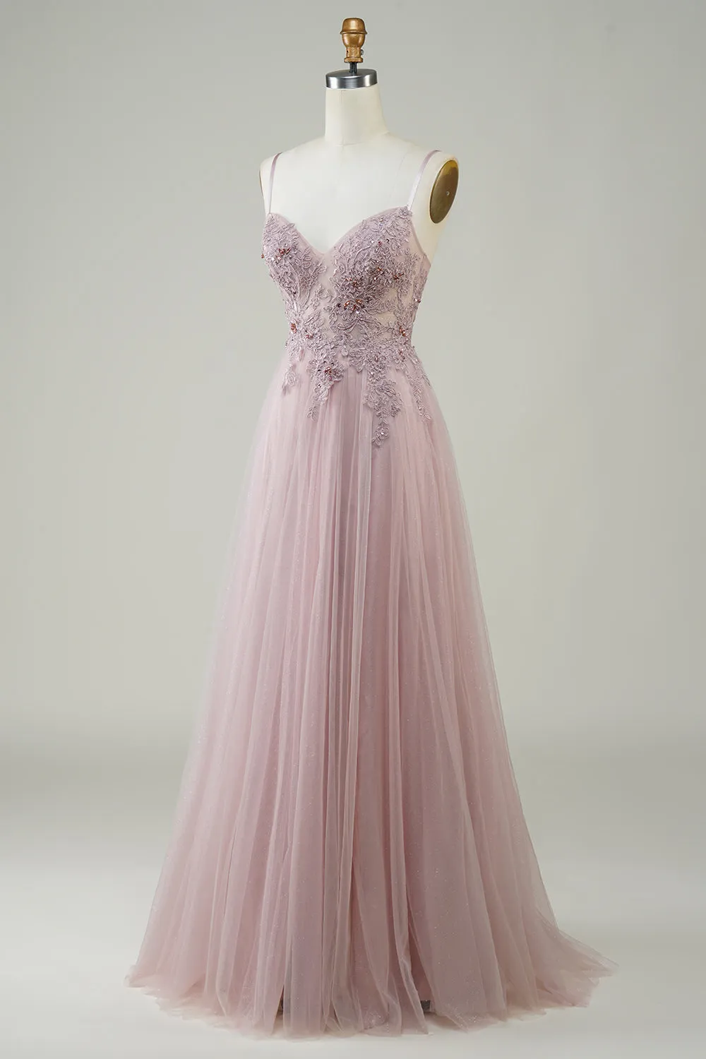Sparkly Blush A-Line Tulle Long Prom Dress with Lace sold by Zapaka product image thumbnail 3