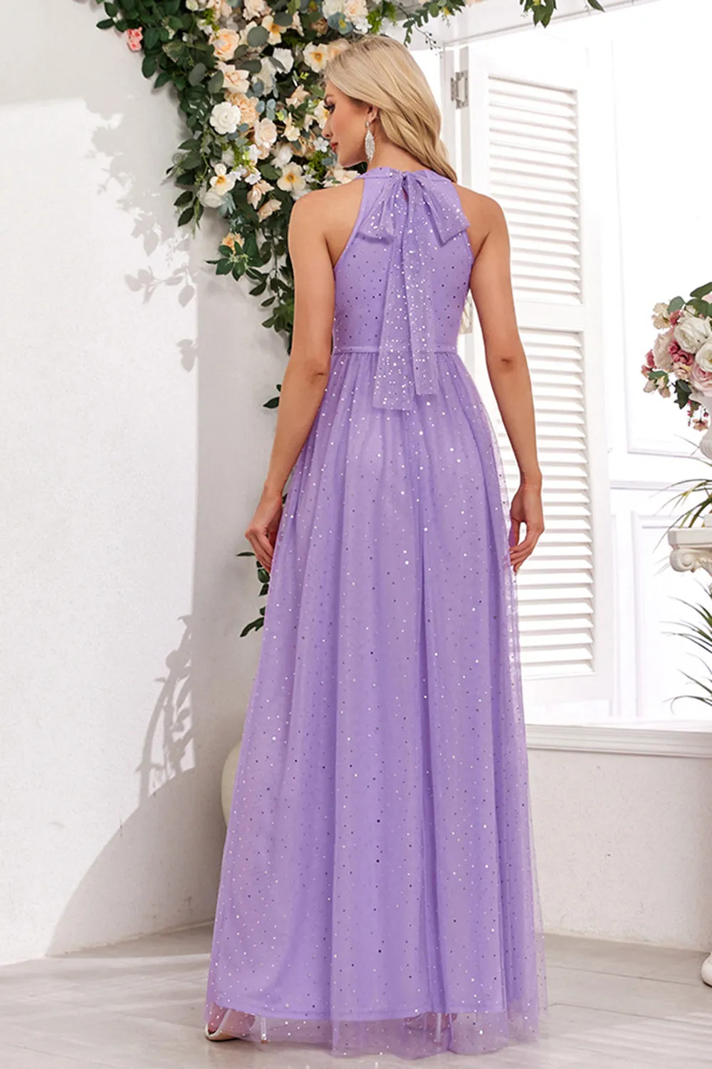 Sparkly Purple A Line Halter Long Prom Dress sold by Zapaka product image thumbnail 2