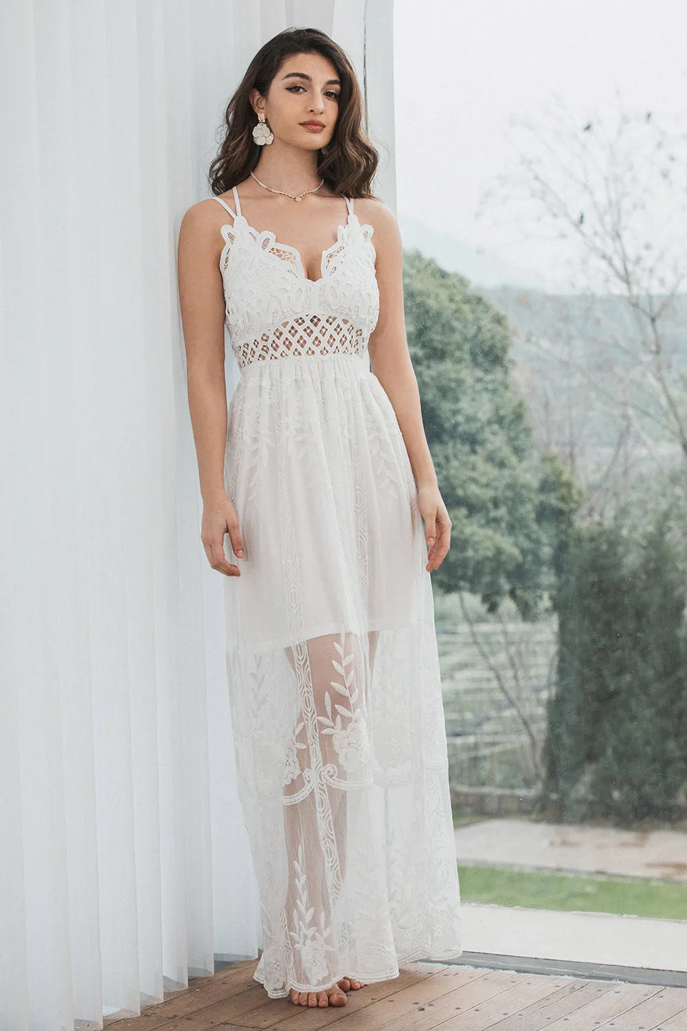 Spaghetti Straps Lace Elegant White Graduation Dress sold by Zapaka