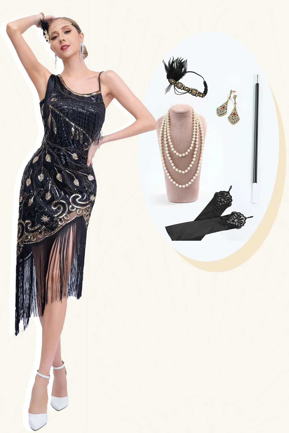 Sparkly Black Asymmetrical Sequins Fringed 1920s Dress with Accessories Set sold by Zapaka