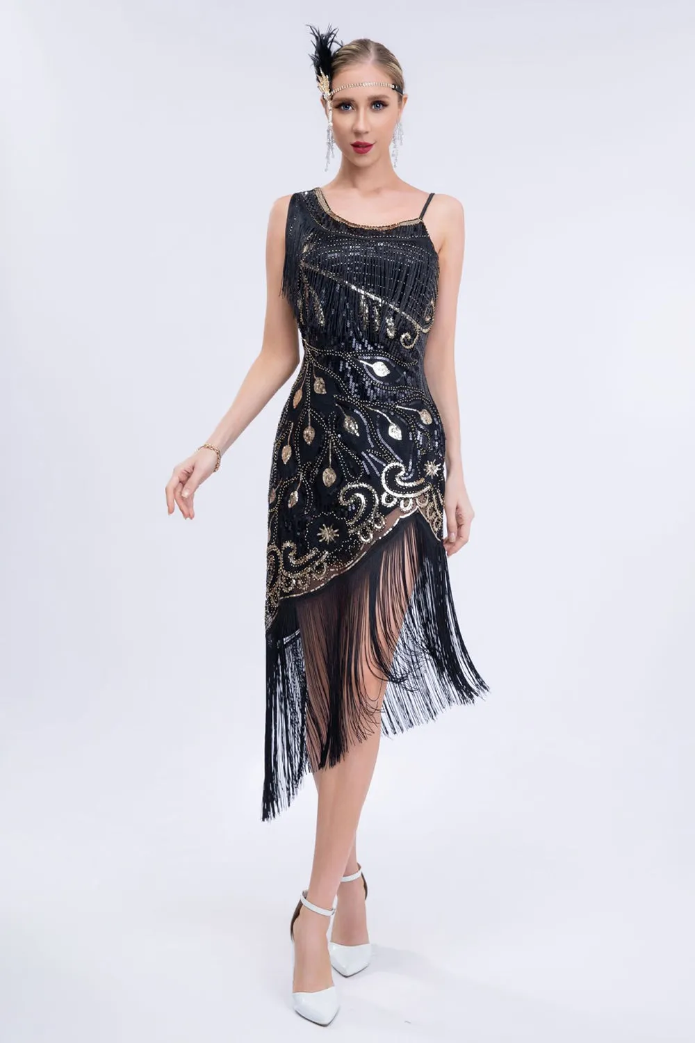 Sparkly Black Asymmetrical Sequins Fringed 1920s Dress with Accessories Set sold by Zapaka product image thumbnail 2