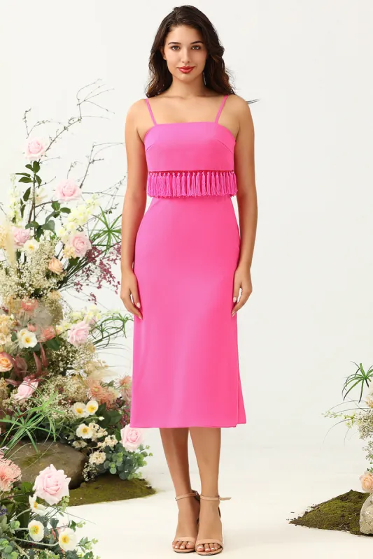 Spaghetti Straps Hot Pink Bridesmaid Dress with Fringes sold by Zapaka