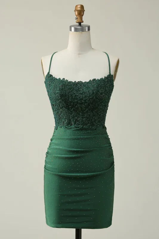Sheath Spaghetti Straps Dark Green Short Homecoming Dress with Appliques sold by Zapaka