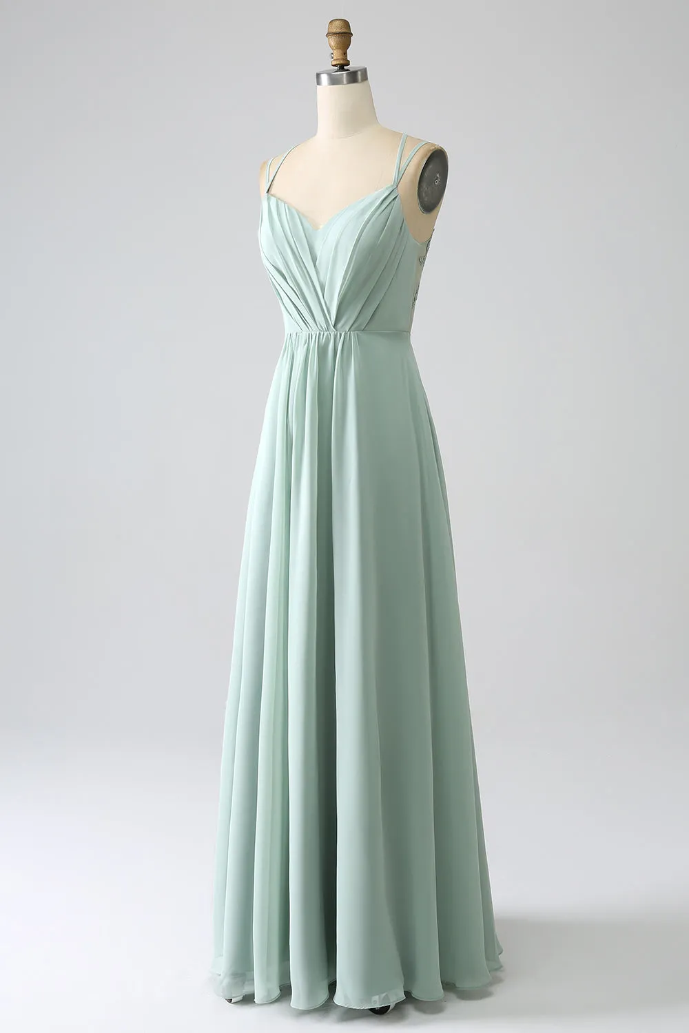 Matcha A-Line Spaghetti Straps Backless Pleated Long Bridesmaid Dress sold by Zapaka product image thumbnail 3
