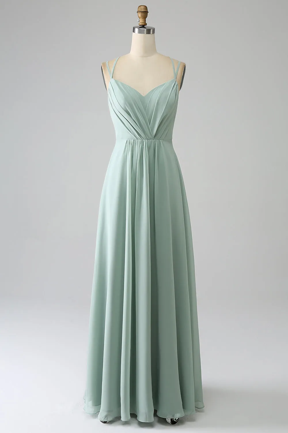Matcha A-Line Spaghetti Straps Backless Pleated Long Bridesmaid Dress sold by Zapaka
