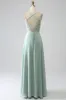 Matcha A-Line Spaghetti Straps Backless Pleated Long Bridesmaid Dress sold by Zapaka