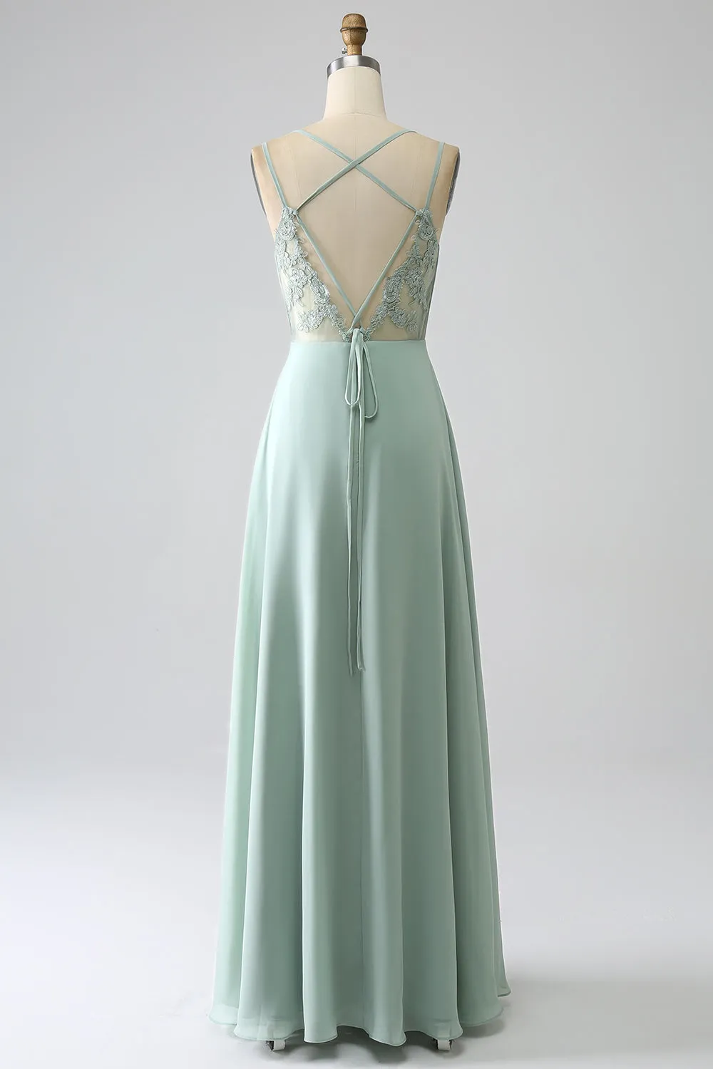 Matcha A-Line Spaghetti Straps Backless Pleated Long Bridesmaid Dress sold by Zapaka product image thumbnail 2