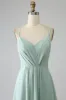 Matcha A-Line Spaghetti Straps Backless Pleated Long Bridesmaid Dress sold by Zapaka