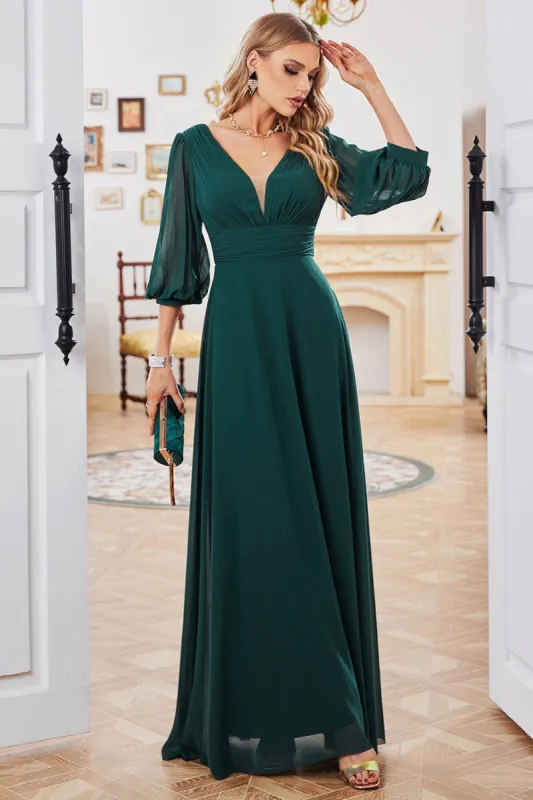 Dark Green A-line Long Sleeves V-neck Mother of Bride Dress sold by Zapaka
