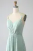 Matcha A-Line Spaghetti Straps Backless Pleated Long Bridesmaid Dress sold by Zapaka
