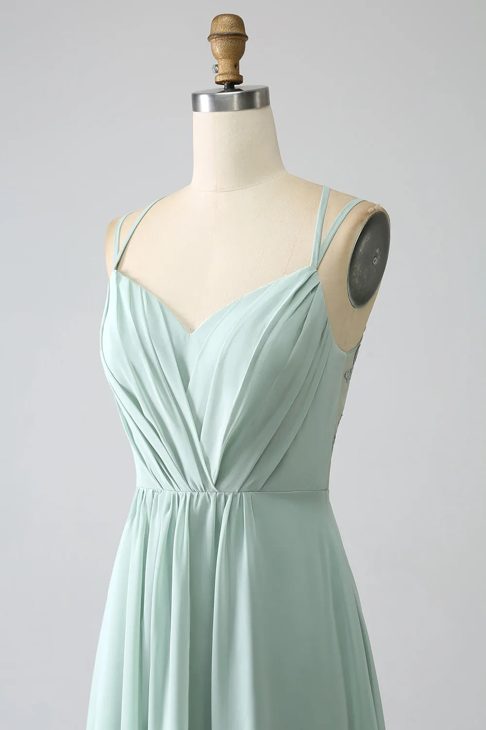 Matcha A-Line Spaghetti Straps Backless Pleated Long Bridesmaid Dress sold by Zapaka product image thumbnail 5