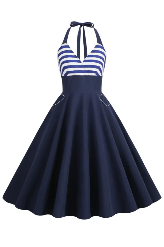Halter Stripe Blue Swing Retro Dress With Pockets sold by Zapaka