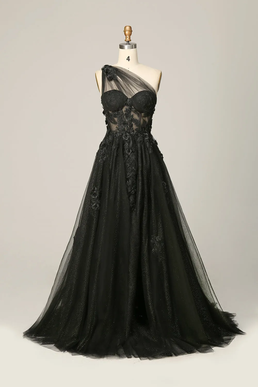 A Line One Shoulder Black Long Prom Dress with Appliques sold by Zapaka