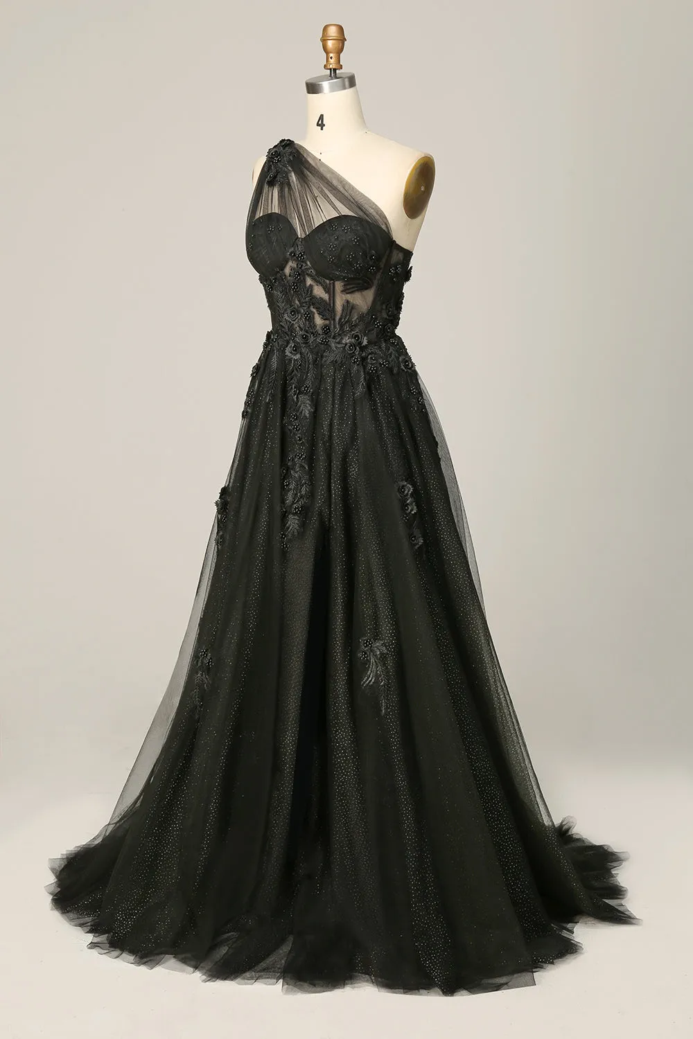 A Line One Shoulder Black Long Prom Dress with Appliques sold by Zapaka product image thumbnail 3