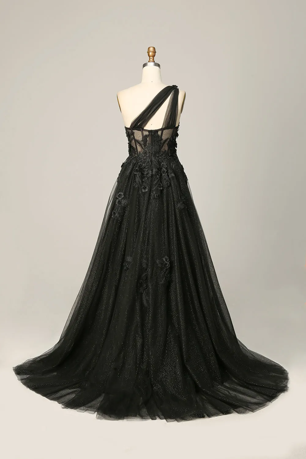 A Line One Shoulder Black Long Prom Dress with Appliques sold by Zapaka product image thumbnail 2
