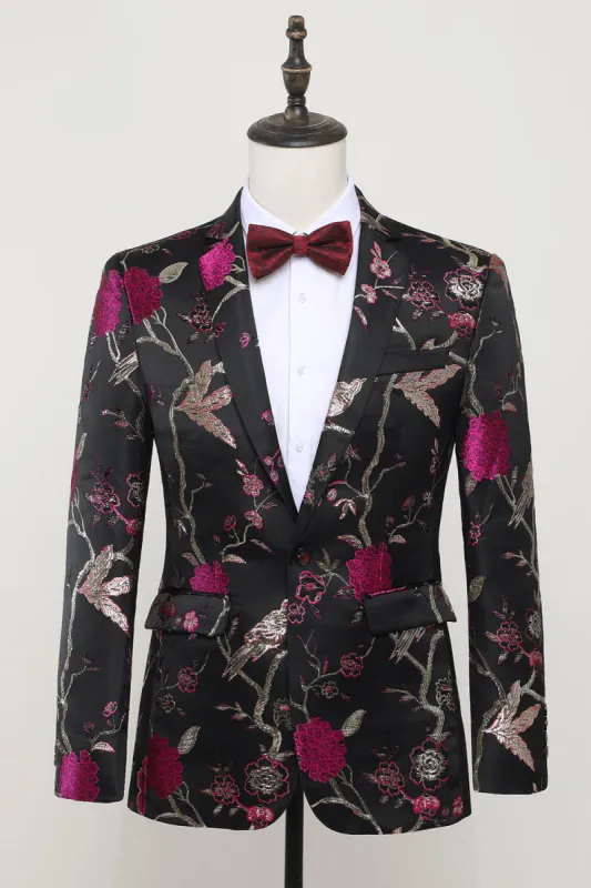 Black Jacquard Satin Notched Lapel Blazer sold by Zapaka
