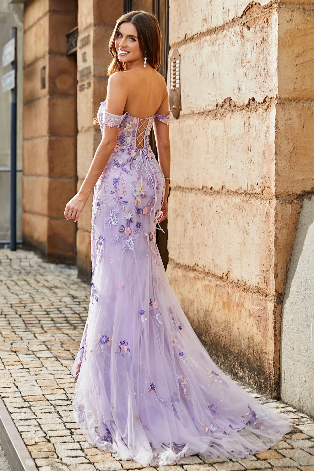 Mauve Off The Shoulder Split Front Long Mermaid Prom Dress With Appliques sold by Zapaka product image thumbnail 2