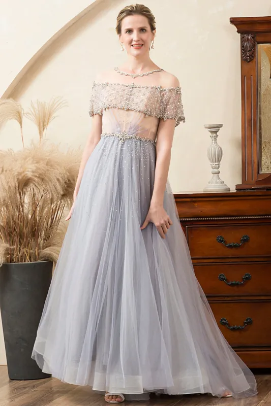 Grey Tulle A Line Beaded Glitter Mother of Bride Dress sold by Zapaka