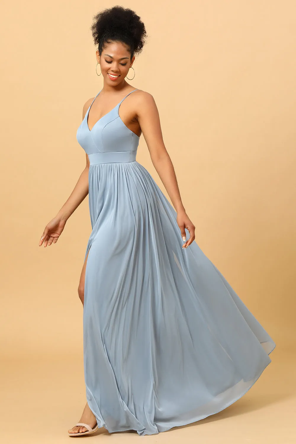 Dusty Blue A-Line Long Chiffon Bridesmaid Dress with Slit sold by Zapaka product image thumbnail 4