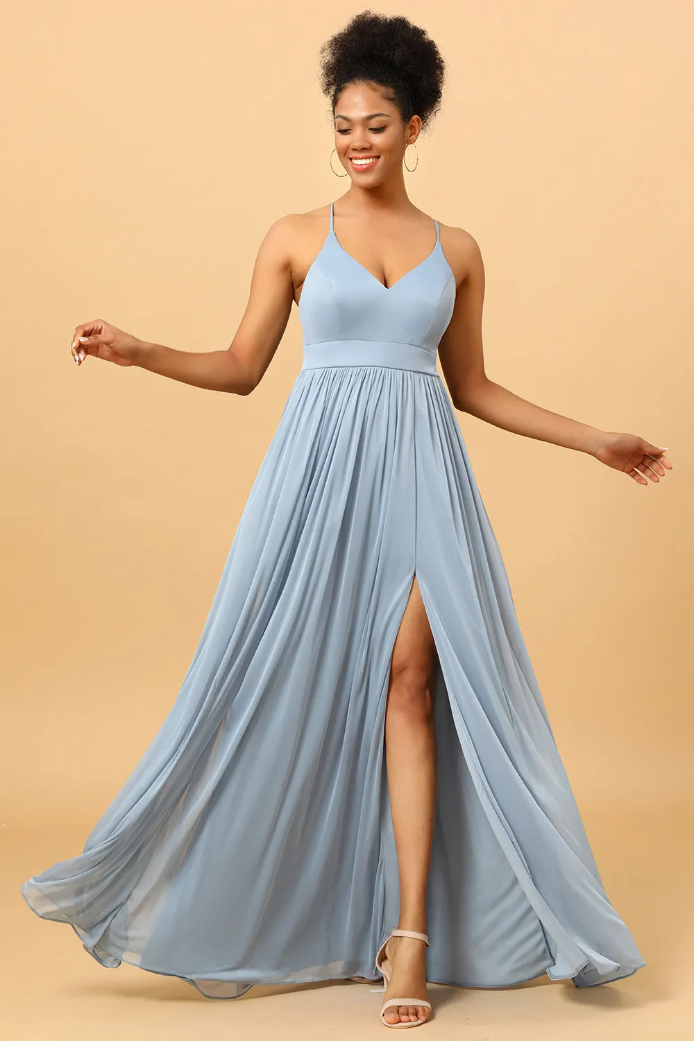 Dusty Blue A-Line Long Chiffon Bridesmaid Dress with Slit sold by Zapaka