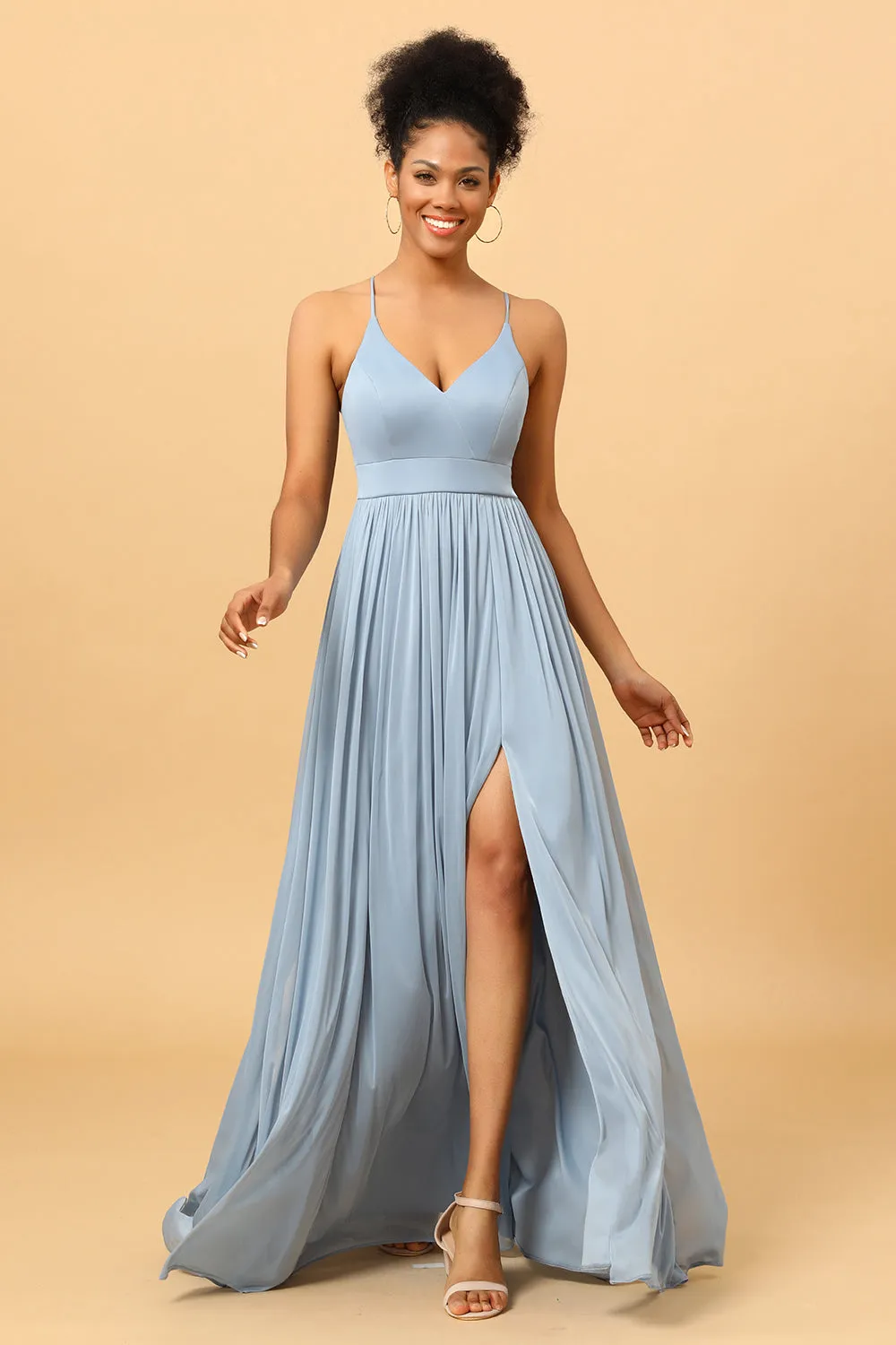 Dusty Blue A-Line Long Chiffon Bridesmaid Dress with Slit sold by Zapaka product image thumbnail 3