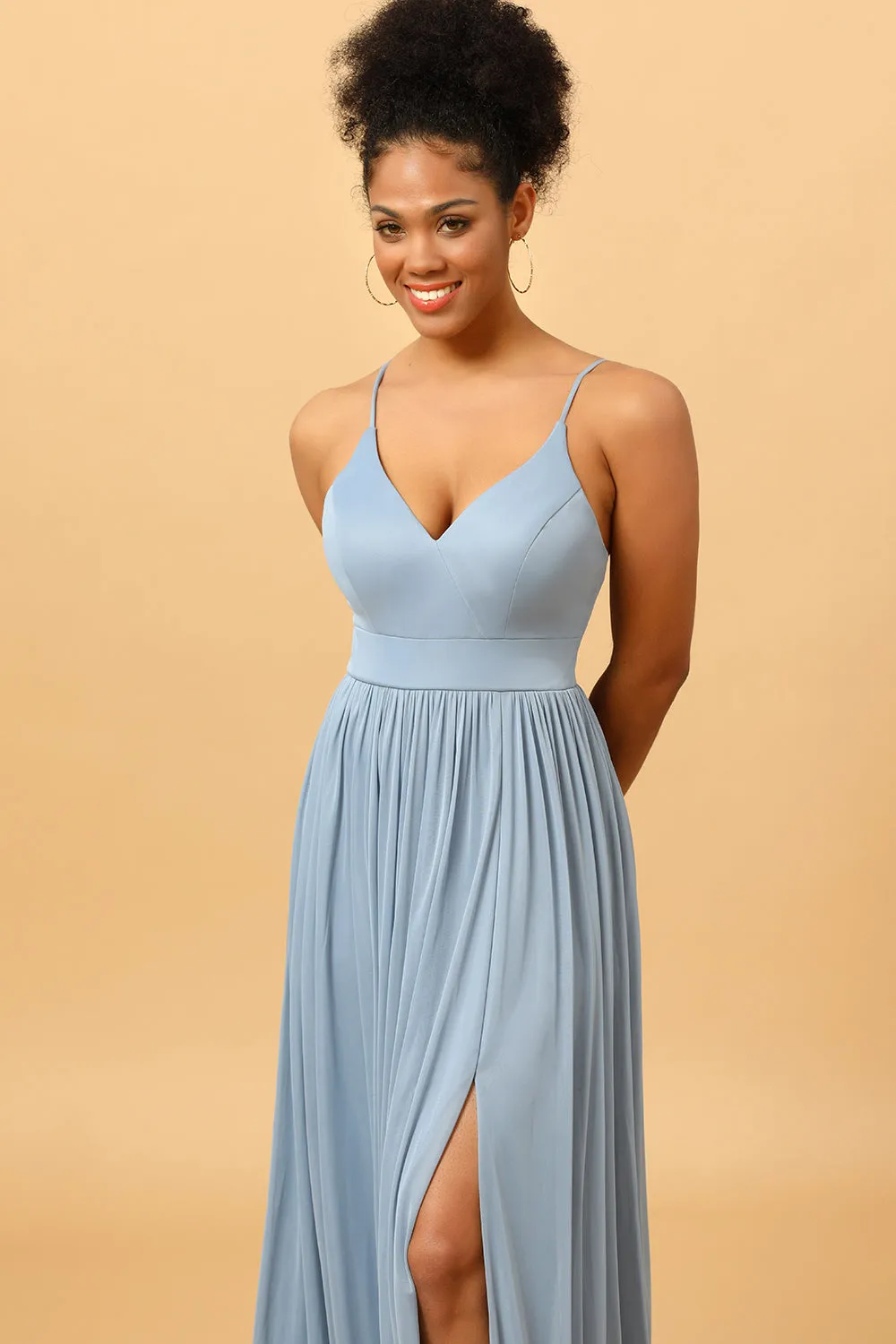 Dusty Blue A-Line Long Chiffon Bridesmaid Dress with Slit sold by Zapaka product image thumbnail 5