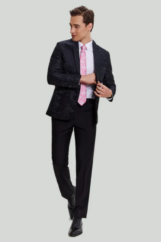 Black Jacquard Satin Notched Lapel Blazer sold by Zapaka