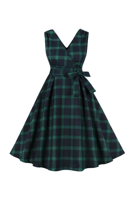 Green Plaid 1950s Swing Dress with Belt sold by Zapaka