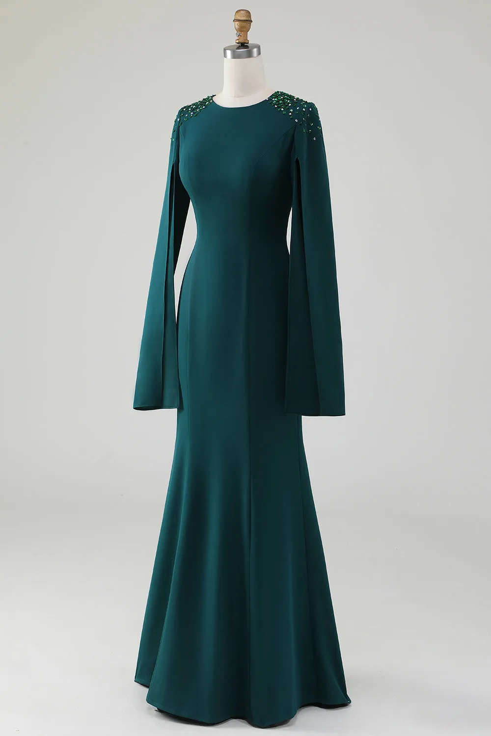 Dark Green Mermaid Round Neck Gown With Beaded Cape Sleeves sold by Zapaka product image thumbnail 3