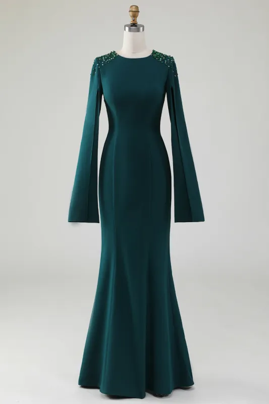 Dark Green Mermaid Round Neck Gown With Beaded Cape Sleeves sold by Zapaka