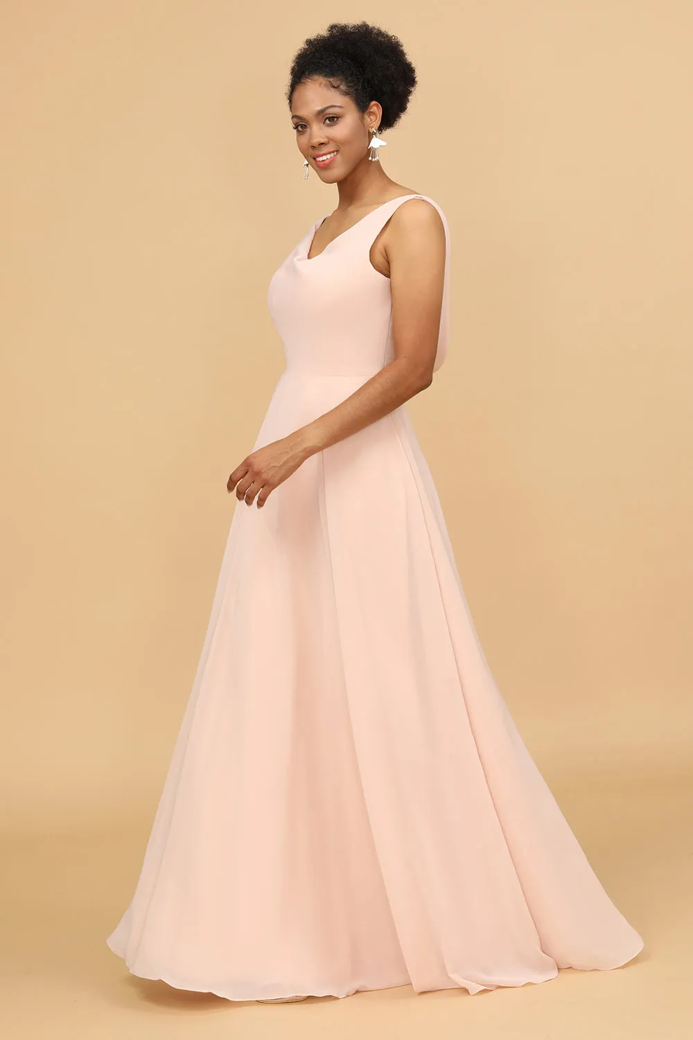 A Line V Neck Blush Chiffon Long Bridesmaid Dress sold by Zapaka product image thumbnail 4